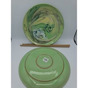 Marbled Enamelware 12" Dinner Plates Set of 2 Modern Monet Green Blue Artsy‎